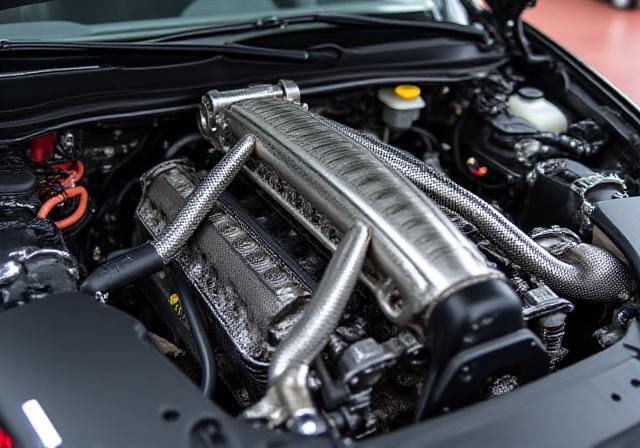 Engine bay of a Nissan GTR with a custom fabricated intake manifold