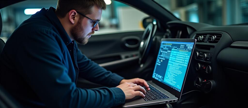 Mechanic using a laptop to log data from a vehicle